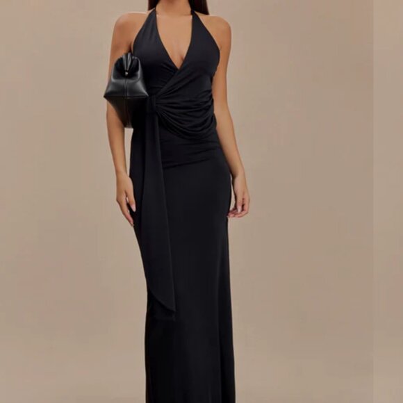 MESHKI Tyla Draped Slinky Halter Maxi Dress - Black | Sz Small | NWT - Picture 1 of 5